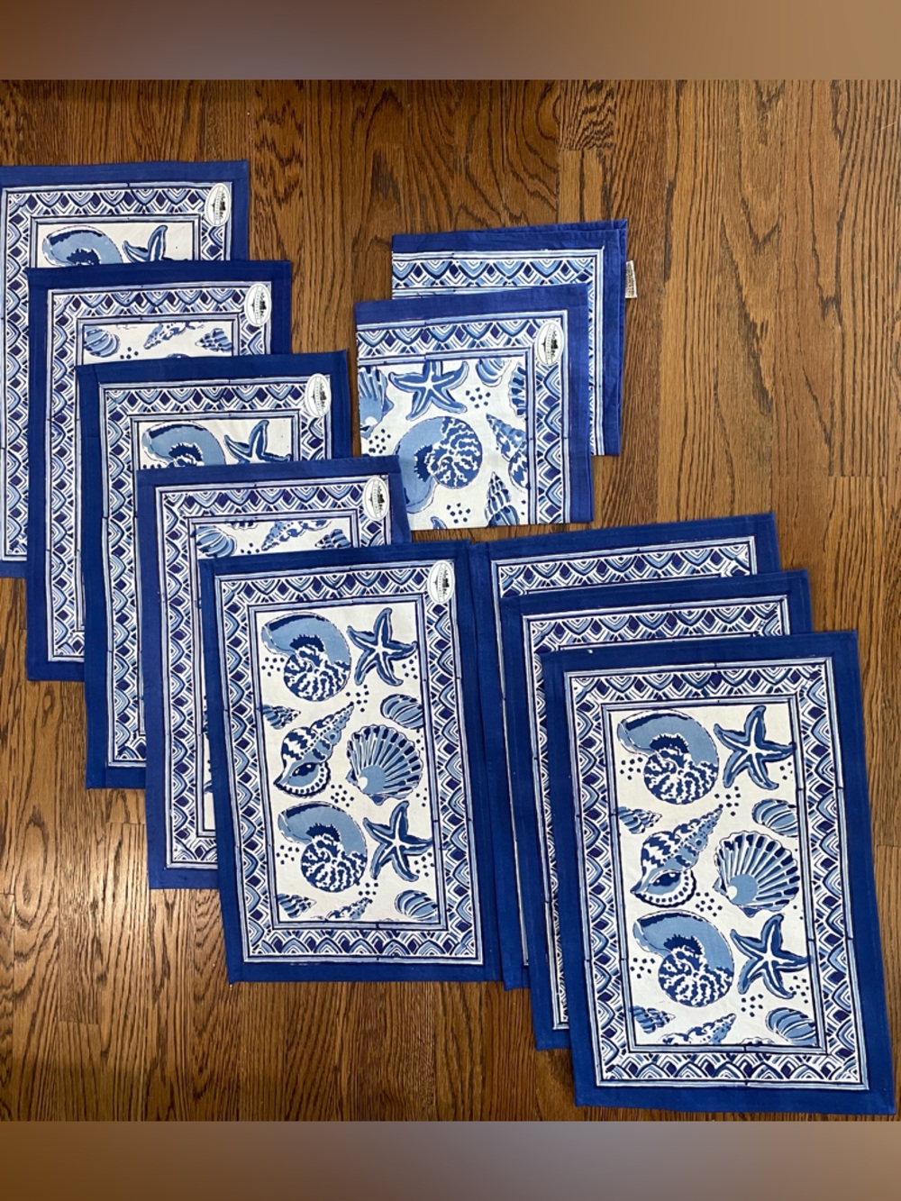 Vntg Pomegranate Seashell Coastal Blue White 8 Placemats/2 Napkins- Mix New/used